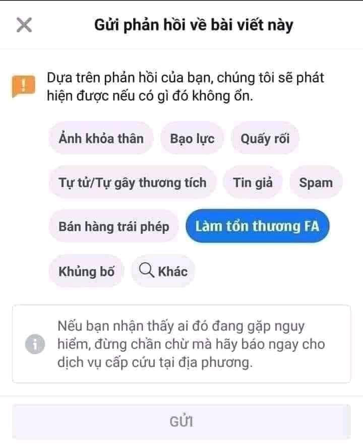 Meme ⚡ Báo cáo bài viết trên facebook vì làm tổn thương FA