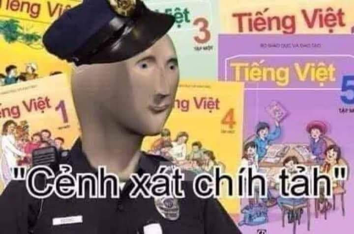 Meme ⚡ Cảnh sát chính tả xuất hiện giữa nền là các sách giáo khoa tiếng Việt