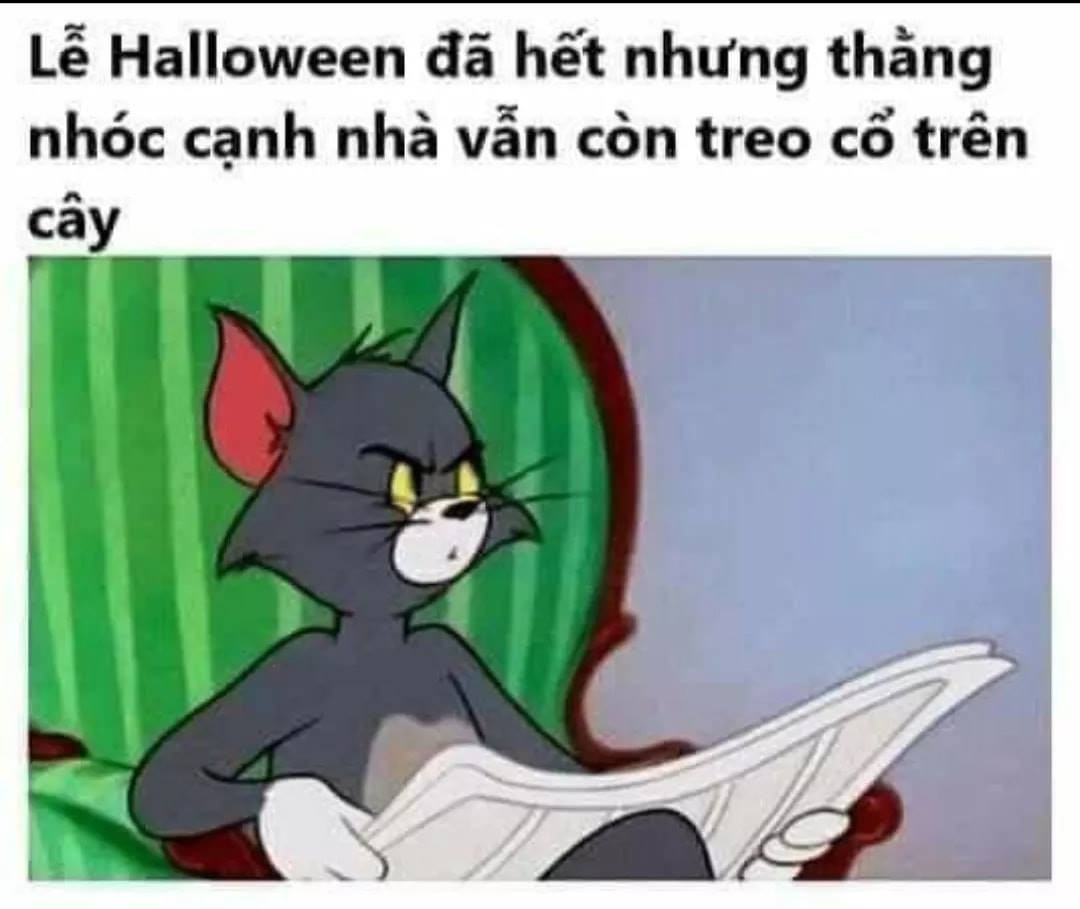 Meme ⚡ Mèo Tom nói hết Halloween mà thằng nhóc nhà kế bên vẫn treo cổ trên cây