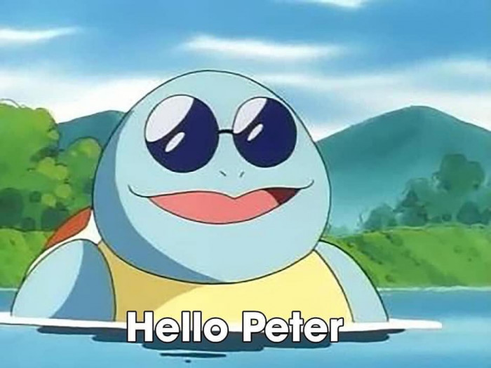 Meme ⚡ Pokemon rùa đeo kính nói Hello Peter