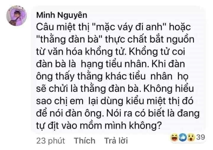 Meme ⚡ Ý nghĩa của câu miệt thị “mặc váy đi anh” hoặc “thằng đàn bà”