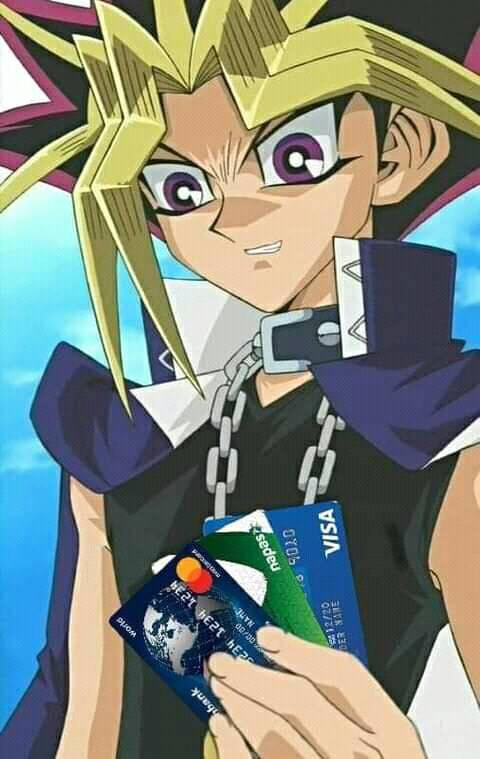 Meme ⚡ Yugi cầm thẻ ATM, Visa mặt cười nham hiểm